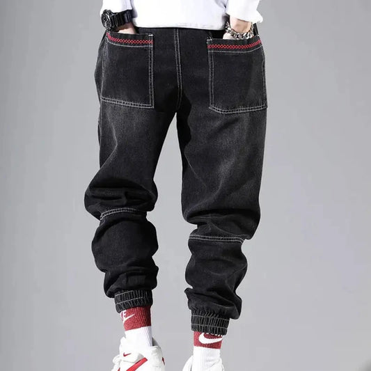 Korean Fashion Ankle Banded Denim Men Jeans Black Gray Cargo Pants for Men Elastic Baggy Harem Pants Streetwear Hip Hop Jeans