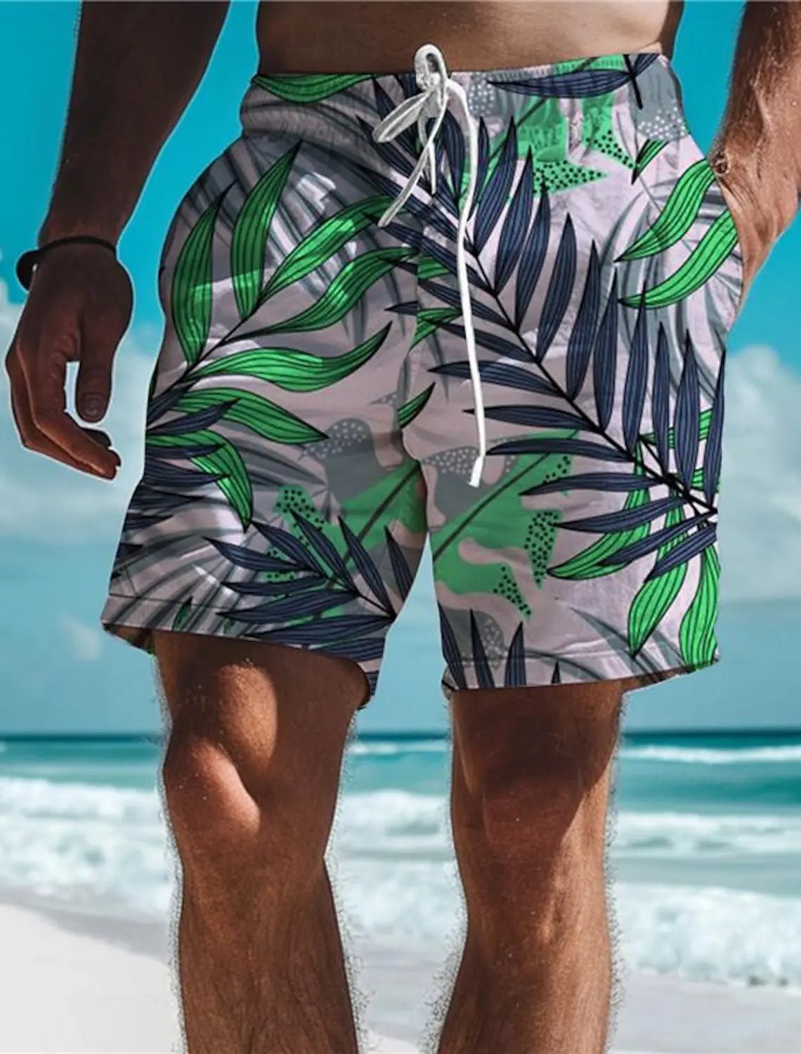 Leaf Tropical Men's Board Shorts Hawaiian Short 3D Printed Swim Trunks Elastic Drawstring Breathable Stretch Aloha Style