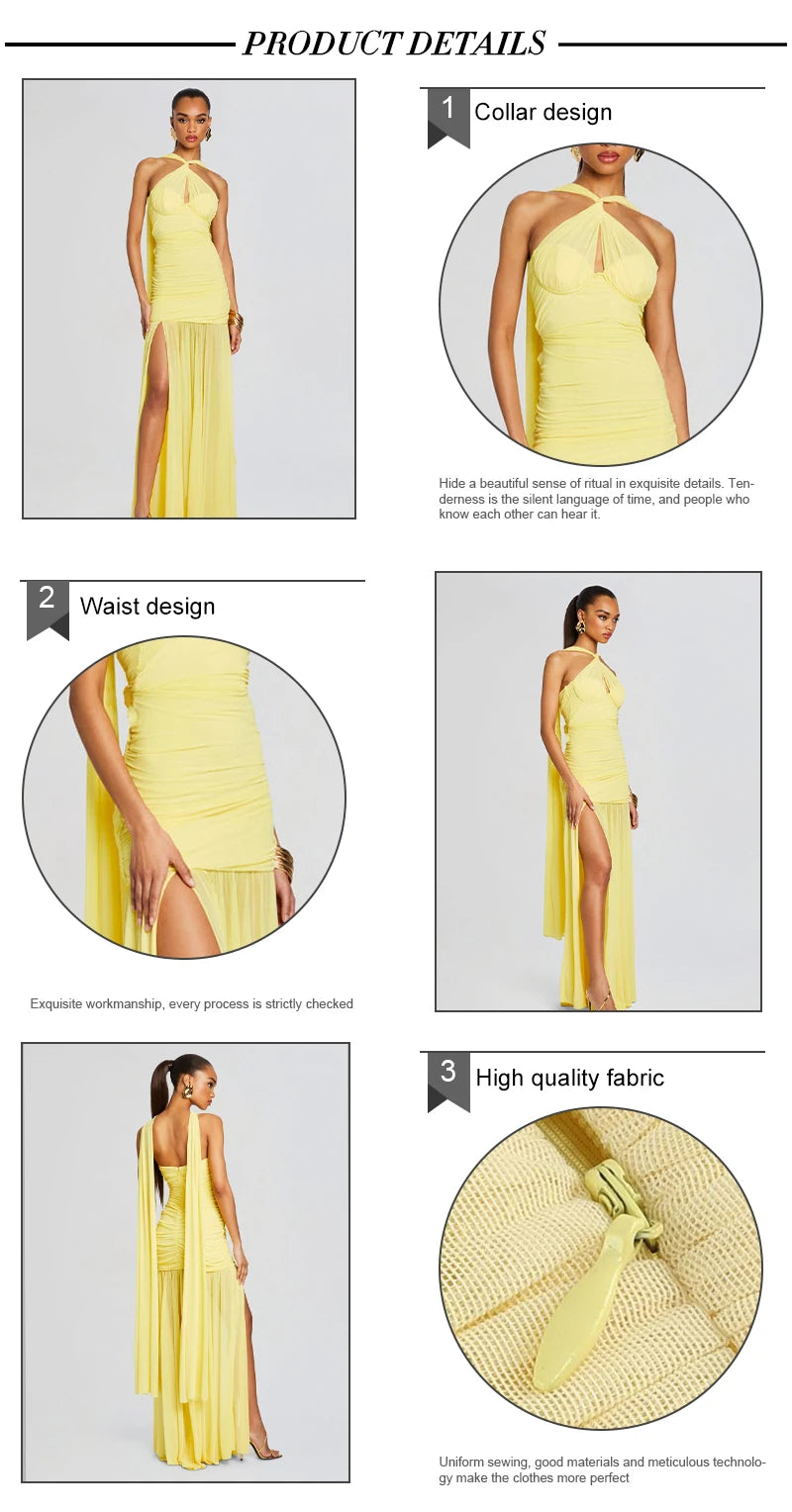 VC Yellow Halter Neck Tie Closure Ruched Long Dress Mesh Key Hole High Slit Pleated Celebrity Birthday Party Cocktail Dress