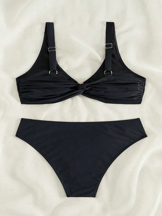 Black Two Piece Swimsuit 2024 Women's Shell Decoration Bikini Solid Color High Waist V-neck Backless Beach Vacation Swimwear New