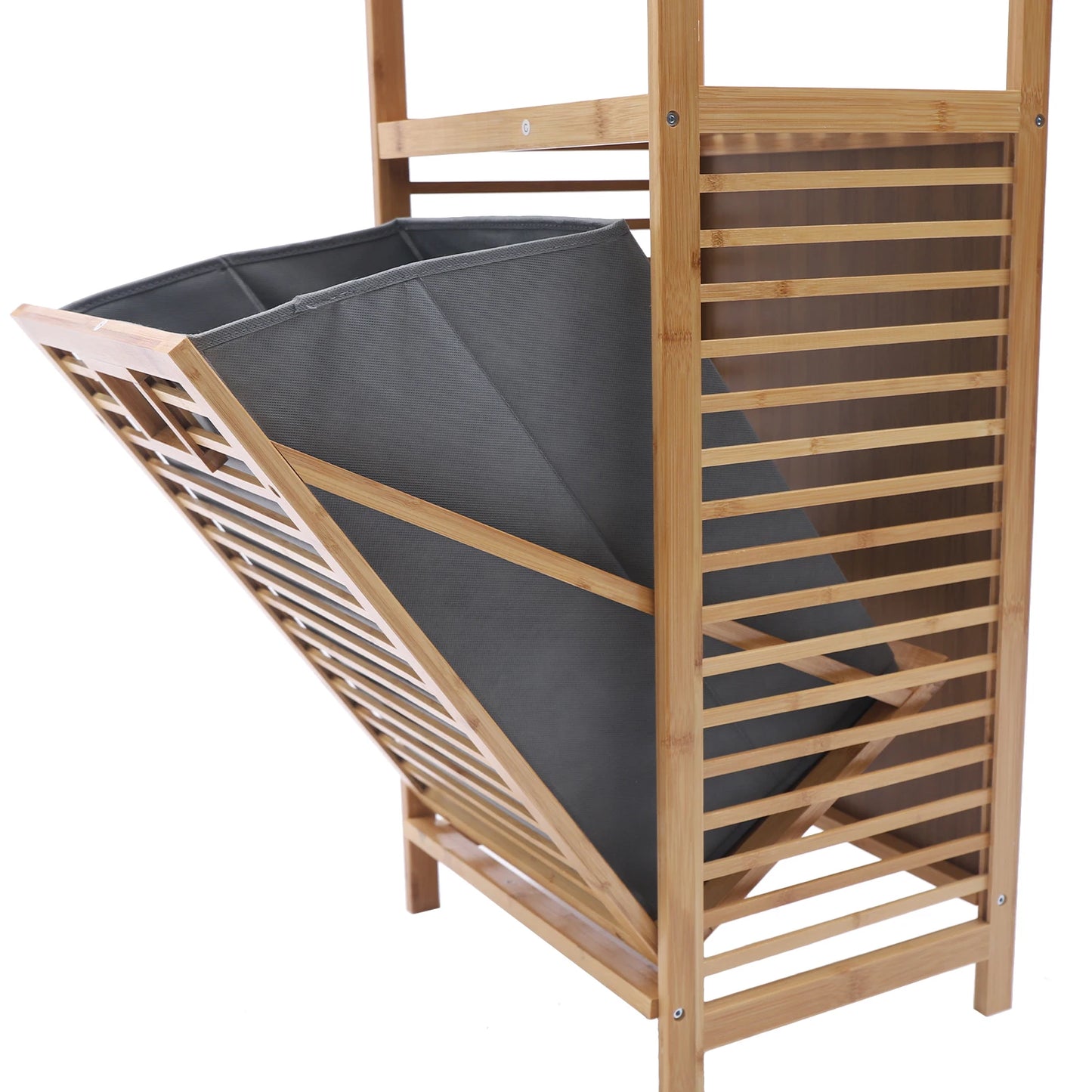 Bamboo Laundry Rack with Flip Basket, 2 Shelves, Scratch-Resistant, Large Capacity, Easy-to-Clean Design, Ideal for Home Storage