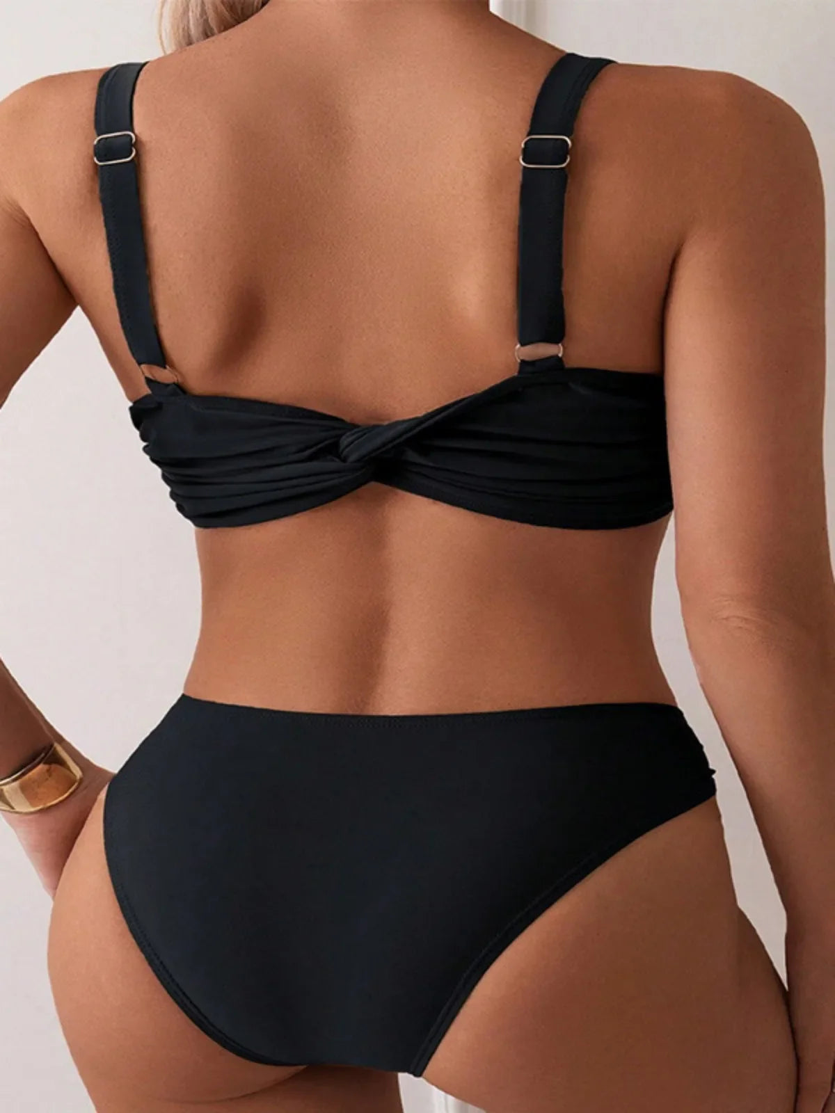 Black Two Piece Swimsuit 2024 Women's Shell Decoration Bikini Solid Color High Waist V-neck Backless Beach Vacation Swimwear New