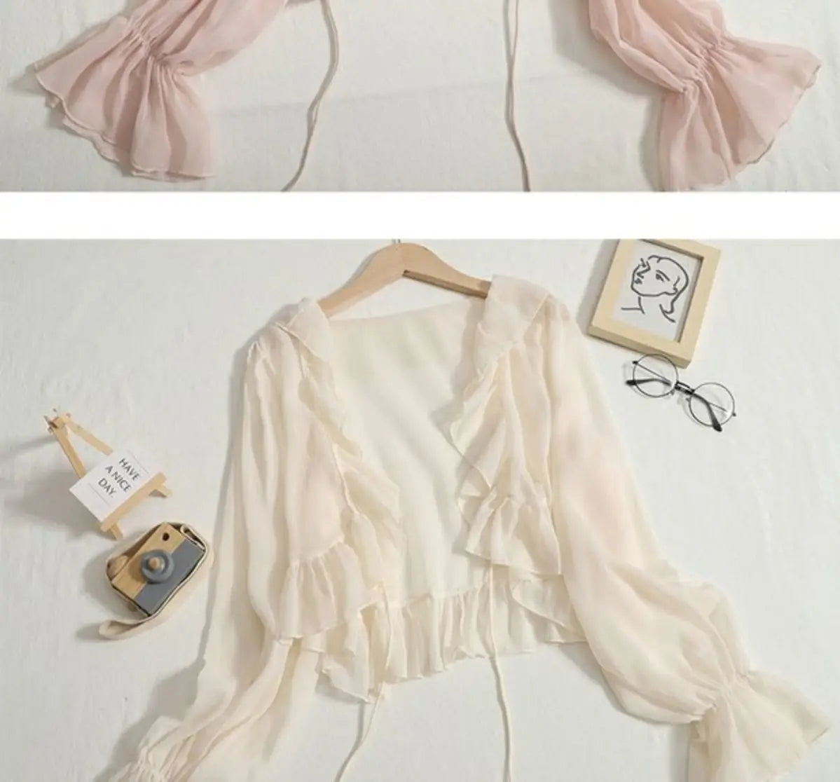 Women Summer Shirts Sweet Long Sleeve Ruffles Flare Sleeve Holiday Solid Sunscreen Tops Tie-Up Cardigans Chiffon Short Shirts