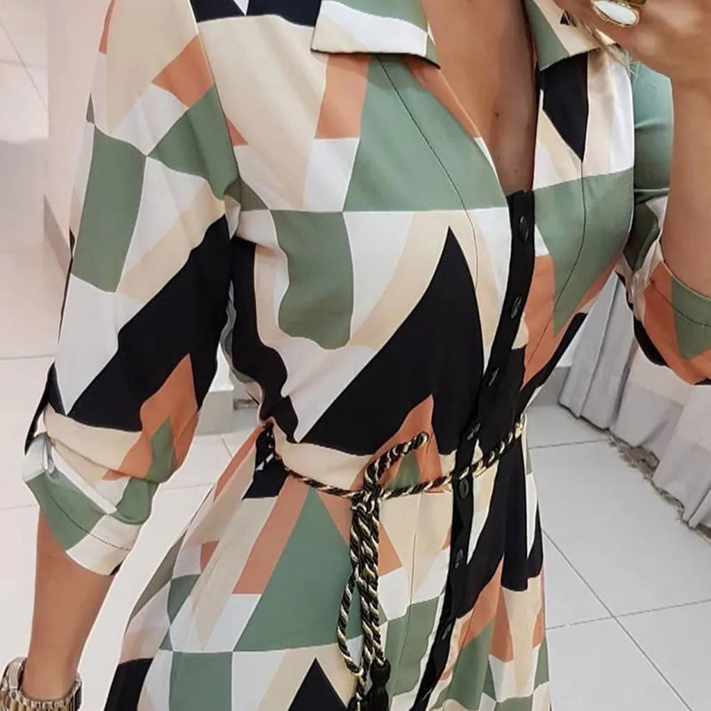 Women'S New Fashion Long Sleeve Printed Shirt Skirt Women'S Long Dress Temperament Commuter Round Neck Women'S A-Line Skirt