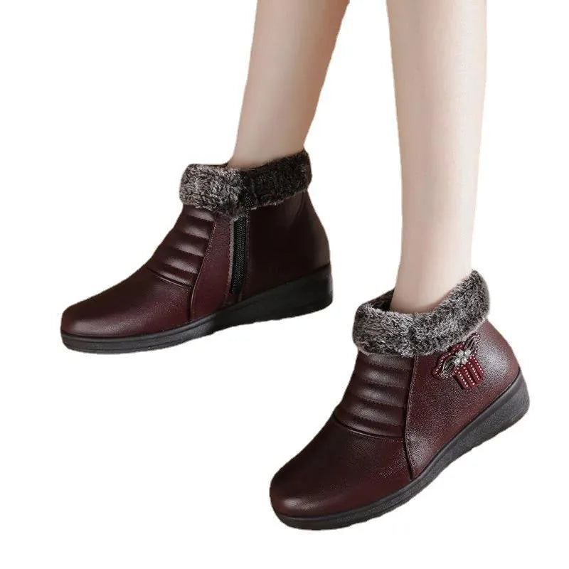 2025 Winter Women Shoes Woman Leather Waterproof Flat Ankle Boots Elderly Plus Size Plush Warm Snow Boots Mother Cotton Shoes