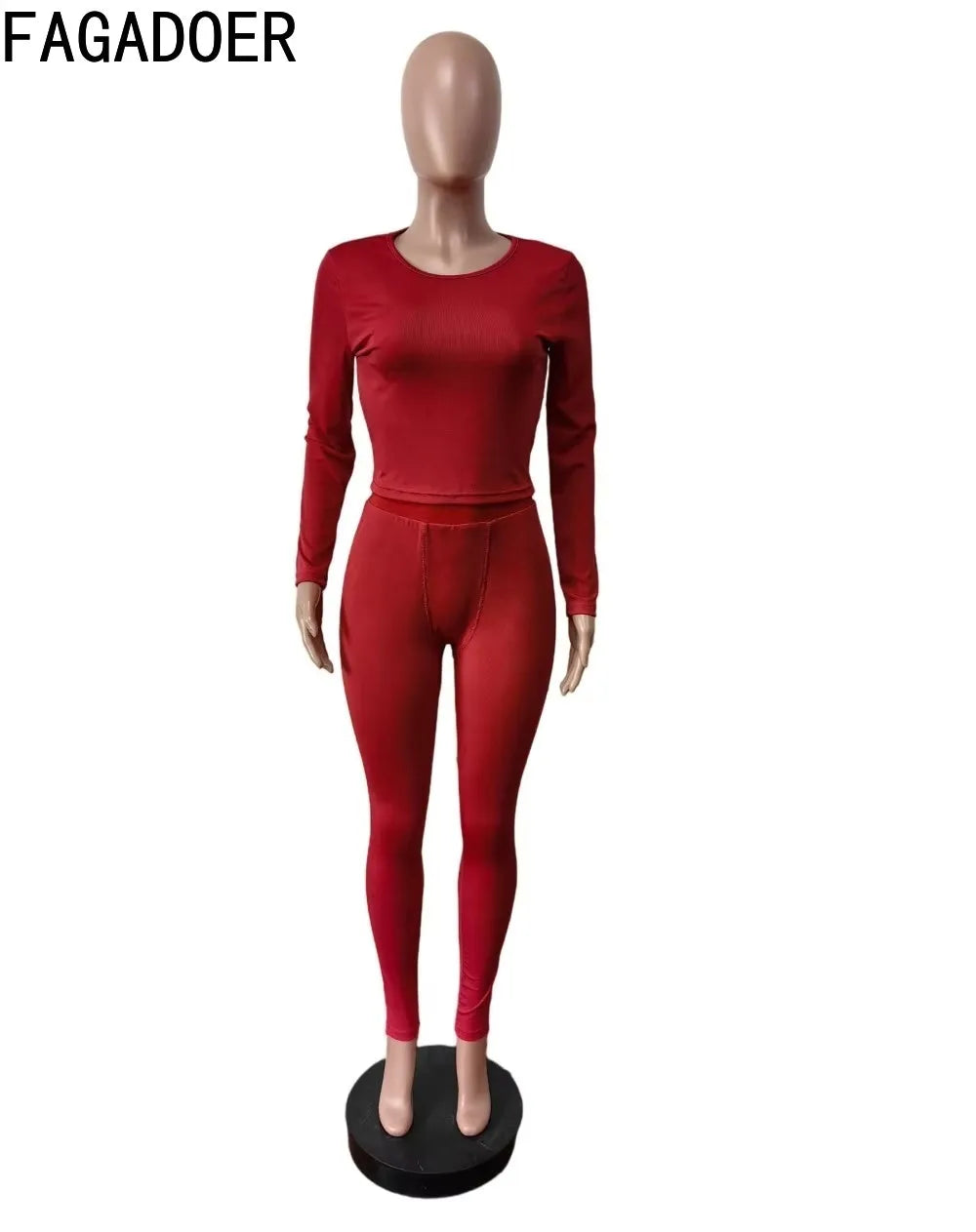 FAGADOER Autumn Winter New Ribbing 2 Piece Sets Women Outfit Solid Long Sleeve Crop Top + High Waist Leggings Suits Sportswear
