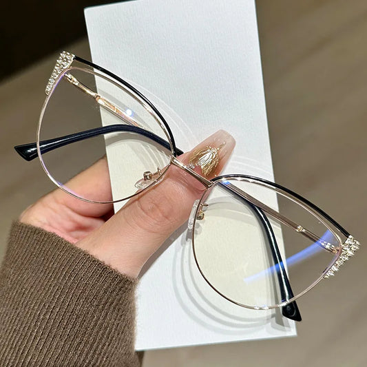 2025 new exquisite diamond studded metal eyeglass frame for women anti blue light glasses fashionable cat eye computer goggles