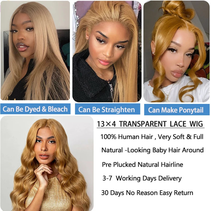 Honey Blonde Colored 13x6 Lace Front Wigs Human Hair Ginger Blonde Straight Lace Front Wigs #27 Colored Transparent Lace Wig