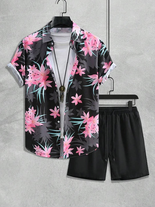 Hawaiian Coconut Tree Print Men's Shirt Summer Short Sleeve Tops Beach Shorts 2 Piece Sets Casual Vacation Style Outfit Clothing