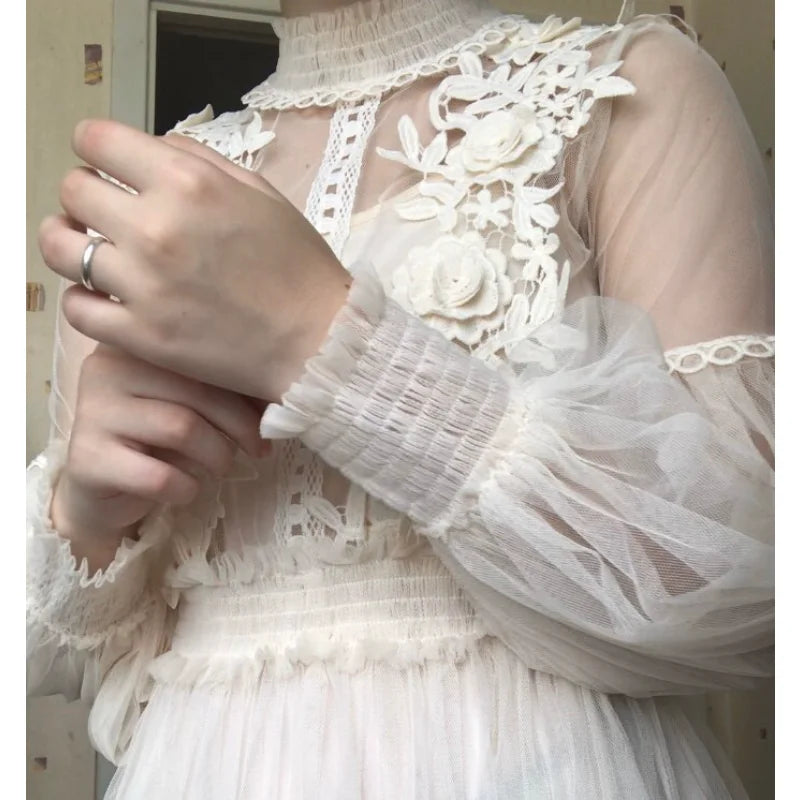Lace Flower Dress Women Lantern Sleeve Voile Long Dress Female Hook Princess Dresses 2 Piece Set New Robe Vestidos 12041