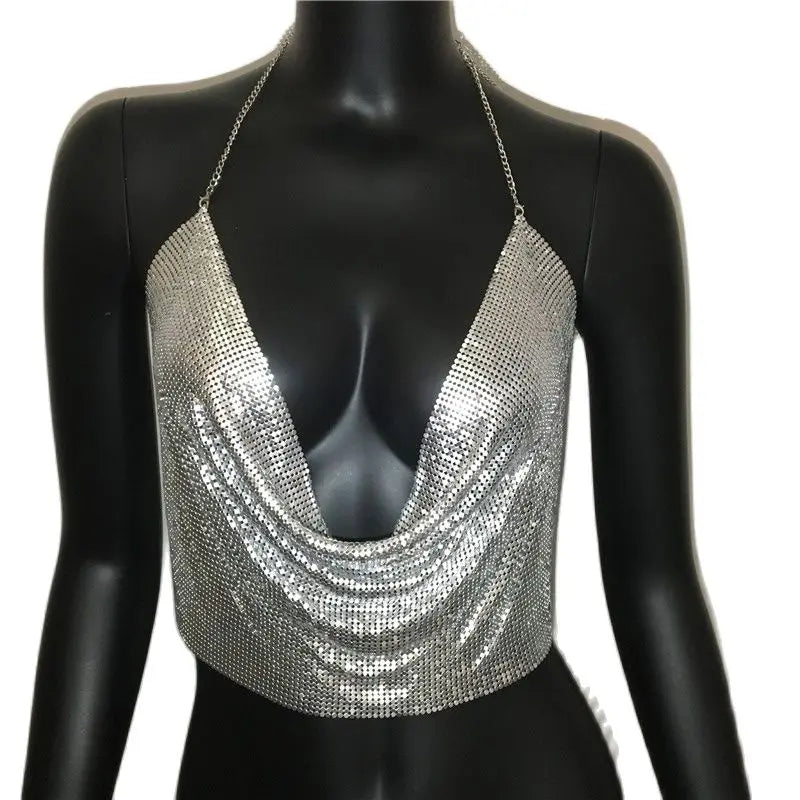 AKYZO Women 2025 Sexy Metal Sequined Tank Camis Summer Gold Silver Backless Cropped Glitter Beach Club Show Wear Tank Tops