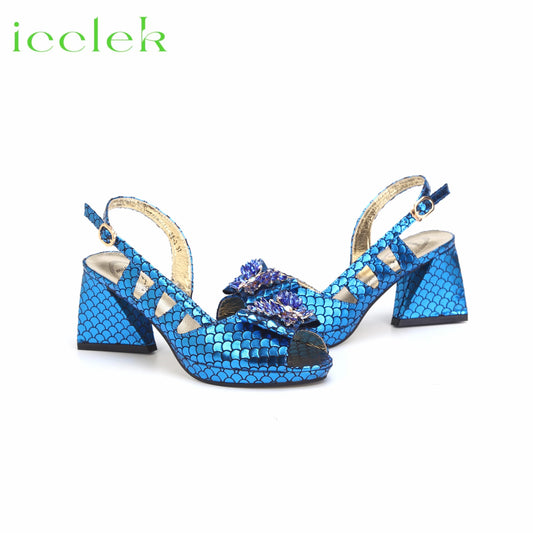 Royal Blue 2024 New Fashionable Summer Hollow Pattern Design Comfortble Heesl Sandal with Bag Set For Wpmen Party