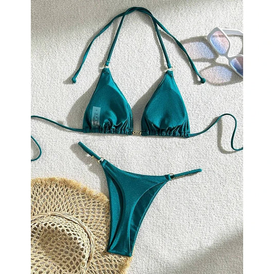 Metal Buckle Swimwear Women Micro Bikini Solid Lace Up Triangle Halter Backless Thong Bathing Suit Beach Vacation Bikini Set