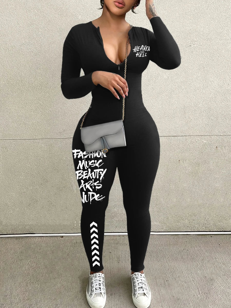 LW Spring Summer Women Casual Fashion V-Neck Long Sleeve Zipper Design Skinny One-Pieces Sportswear Outfits Jumpsuit