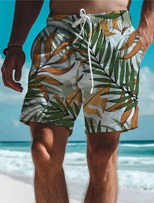 Leaf Tropical Men's Board Shorts Hawaiian Short 3D Printed Swim Trunks Elastic Drawstring Breathable Stretch Aloha Style
