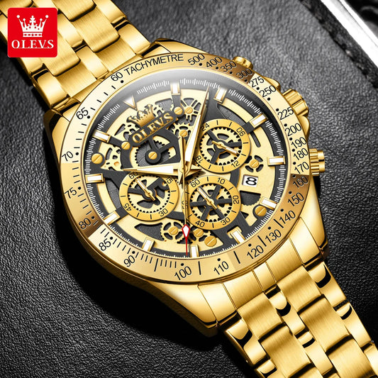 OLEVS Business Gold Men Watches Full Skeleton Stainless steel Chronograph Wristwatch Waterproof Luxury Luminous Quartz Watch Men