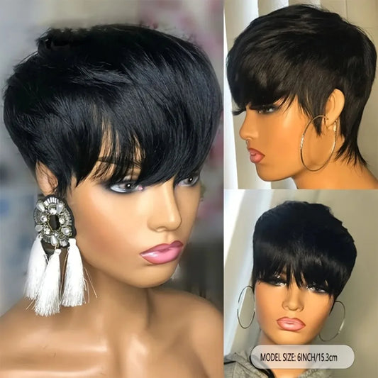 Hair Human Hair Wig For Black Women Pixie Cut Wig Short Bob Straight Human Hair  machine made Wigs With Bangs