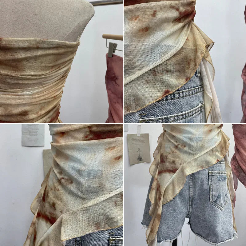 Women's Tie Dye Ruffled Ribbon Mesh Tube Top Irregular Mesh Sleeveless Tube Top Sexy Backless Vest Party Leisure Essential 9956
