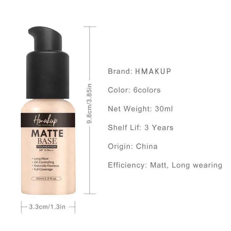 30ml Matte Liquid Foundation 6 Colors Natural Concealer Oil Control Waterproof Lasting Full Coverage Facial Base Makeup Cosmetic
