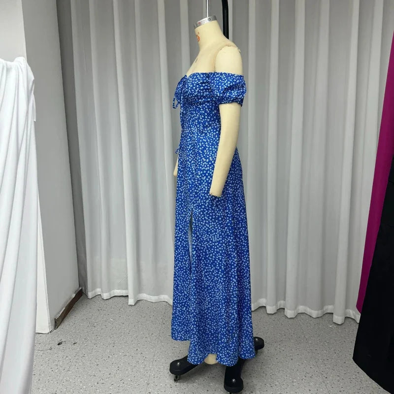 Wefads Women Maxi Dress Elegant Floral Printed Short Sleeve Off Shoulder Tie Up Slit Slim Beach Long Dresses Streetwear