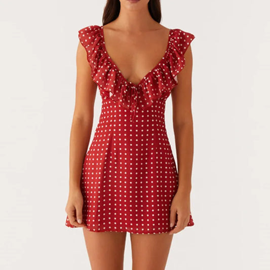 hirigin Women Mini Dress Sleeveless V Neck Backless Tie-up Floral/Dots Summer A-line Dress for Club Party Holiday Beach Sundress