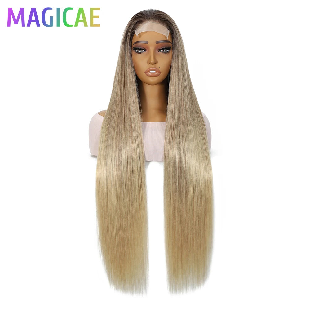 36Inches Straight 4X4 Lace Front Wigs 330Grams Blond 27/613 Chestnut Brown Bio Heat Resistant Fiber Pre Plucked Transparent Lace