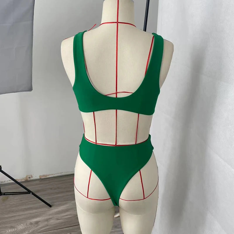 BEACHCICI Women Bikini Two Piece Summer Sexy Simple Solid V neck Suspender Lace Up High Waist Slim Vacation Beach Swimsuit
