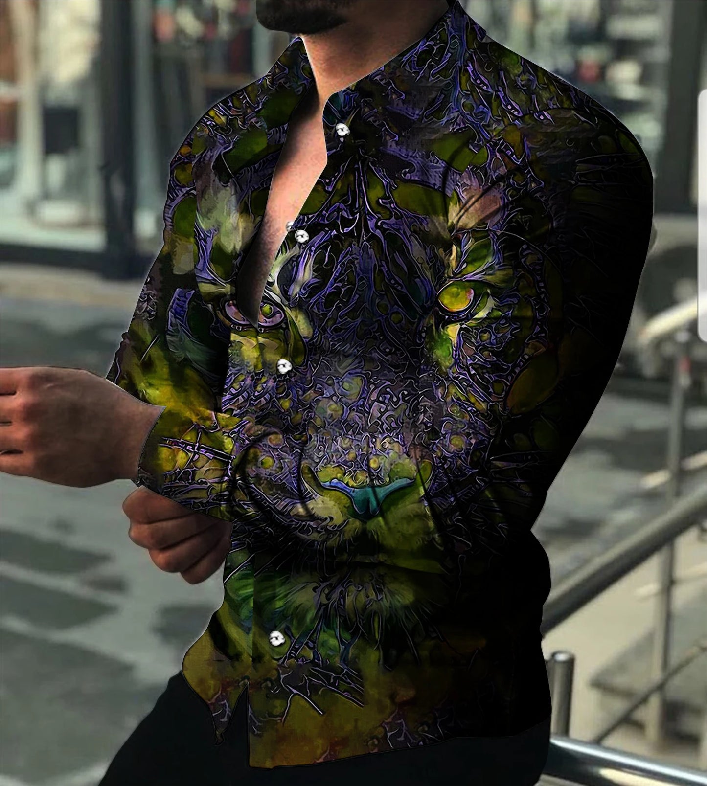 2023 Fashion Luxury Men's Shirt Lapel Button Down Shirt Long Sleeve Tops Animal Head Print Large Size Cool Street Party Wear 3XL