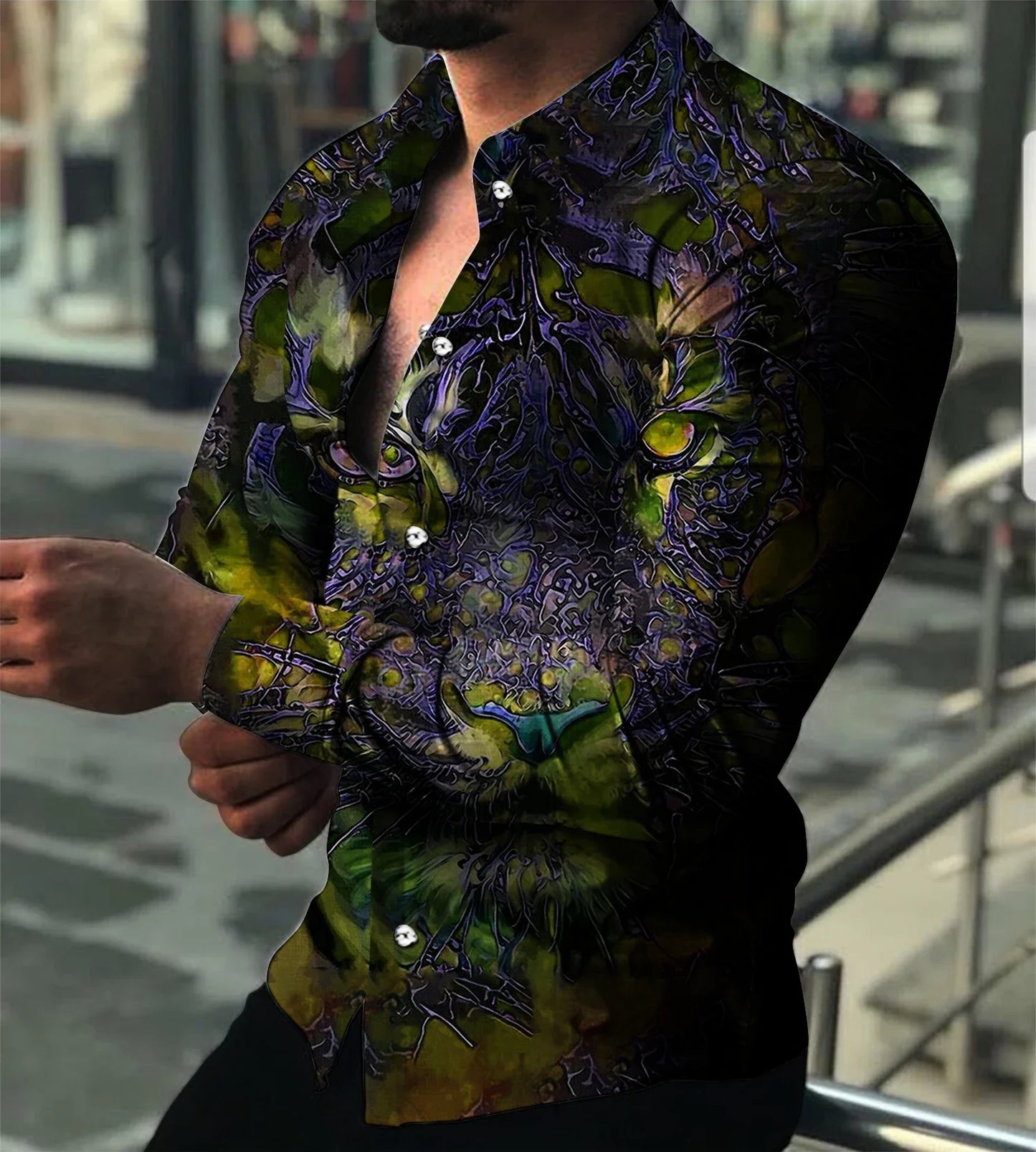 2023 Fashion Luxury Men's Shirt Lapel Button Down Shirt Long Sleeve Tops Animal Head Print Large Size Cool Street Party Wear 3XL