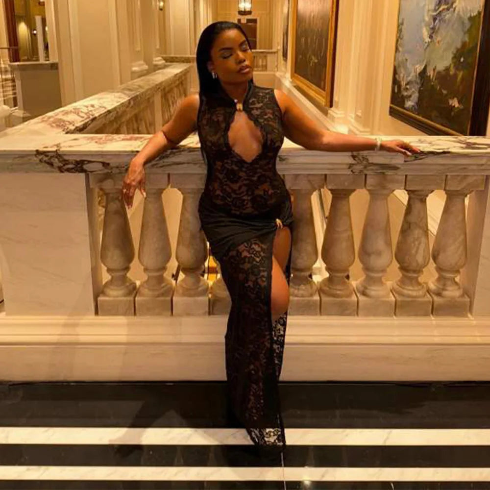 BOOFEENAA See Through Lace Sexy Black Dresses Women 2024 Hollow Out Sleeveless High Split Long Dress Party Club Outfits C92-EI32