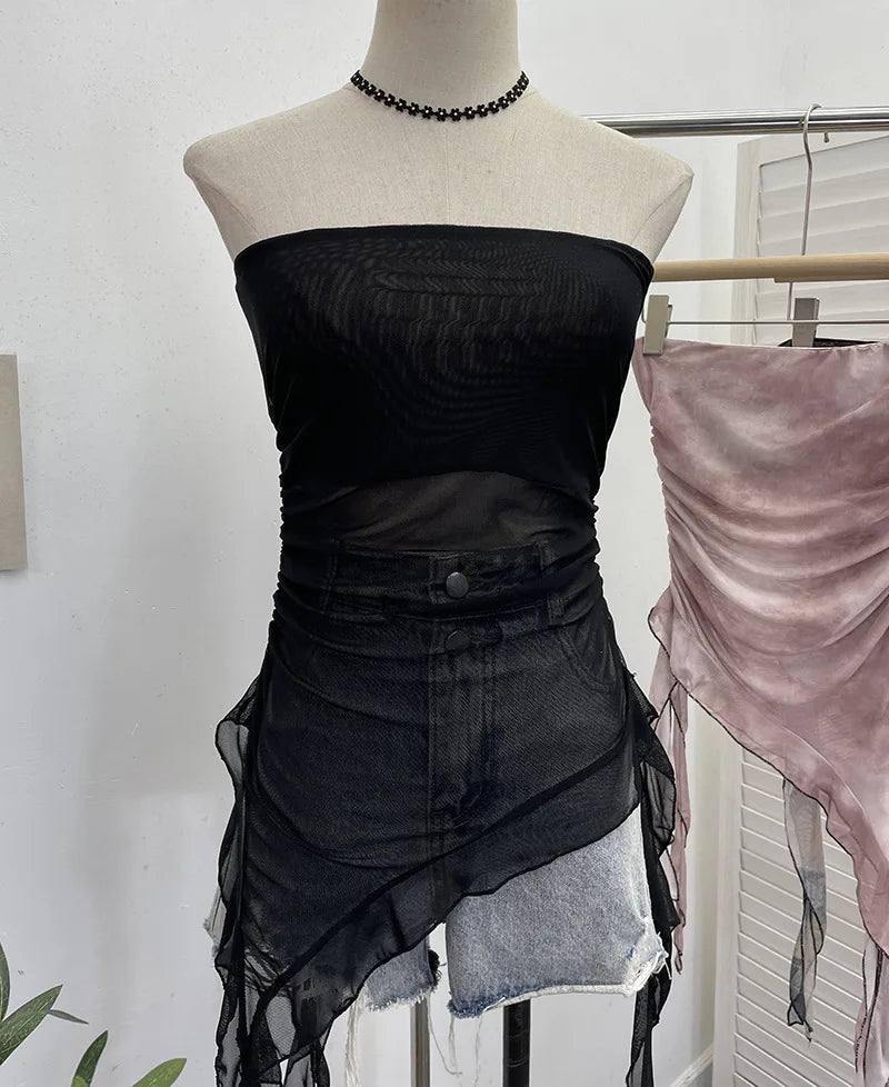Women's Tie Dye Ruffled Ribbon Mesh Tube Top Irregular Mesh Sleeveless Tube Top Sexy Backless Vest Party Leisure Essential 9956
