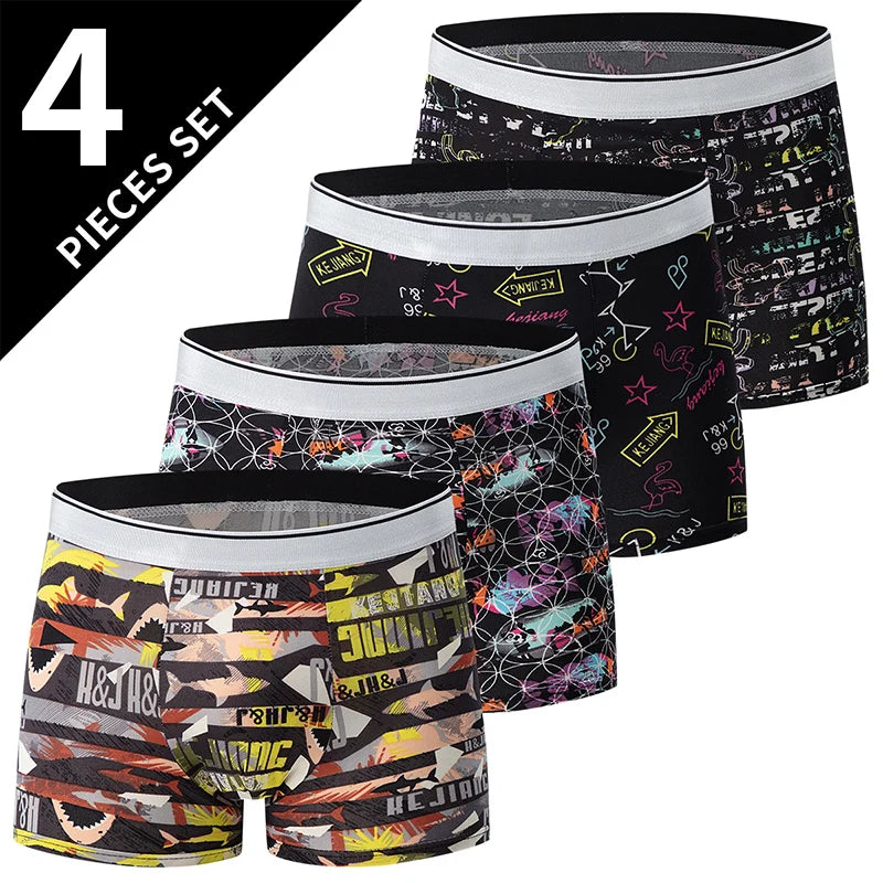 4 Pcs European and American Size MEN'S Printed Fashion Boyshort Comfortable MEN'S Waist plus Size Underwear Sexy Swimming Trunk