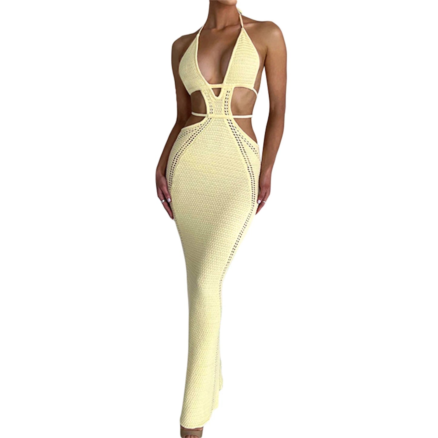 Women Halter Bodycon Long Dress Sexy Hollow Out Open Back Sleeveless Backless Knit Beach Dress Slim Fit Clubwear
