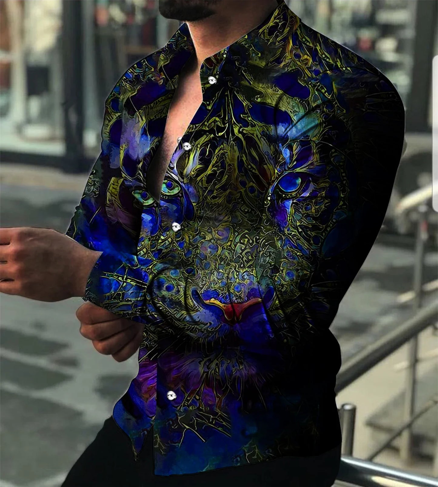 2023 Fashion Luxury Men's Shirt Lapel Button Down Shirt Long Sleeve Tops Animal Head Print Large Size Cool Street Party Wear 3XL