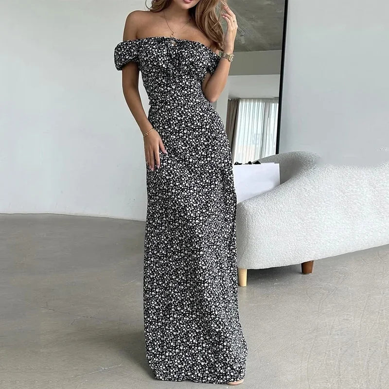 Wefads Women Maxi Dress Elegant Floral Printed Short Sleeve Off Shoulder Tie Up Slit Slim Beach Long Dresses Streetwear