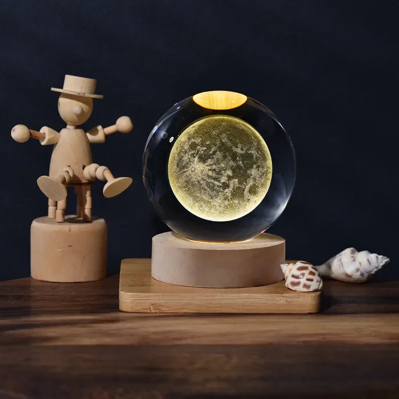 Luminous Crystal Ball LED Night Light Saturn Solar System 3D Moon Table Lamp USB Bedroom Atmosphere Lamp for Birthday Kid Gift