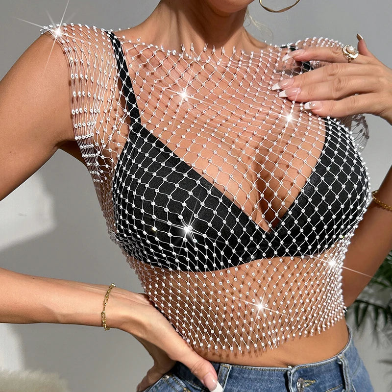 New Sexy Mesh Crop Tops for Women Summer Rhinestones Fashion Party Club See Through Fishnet Tank Hollow Out Backless Top