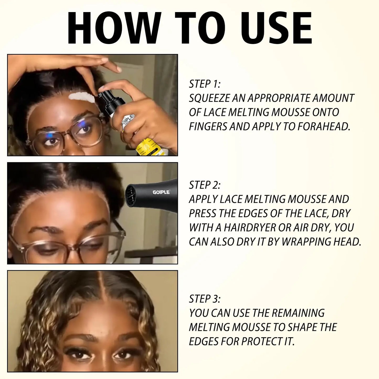 GOIPLE Wig Lace Melting Mousse Invisible Bond Supreme Hold Protect Edge Fast Drying Long-Lasting Lace Melting Spray No Residue