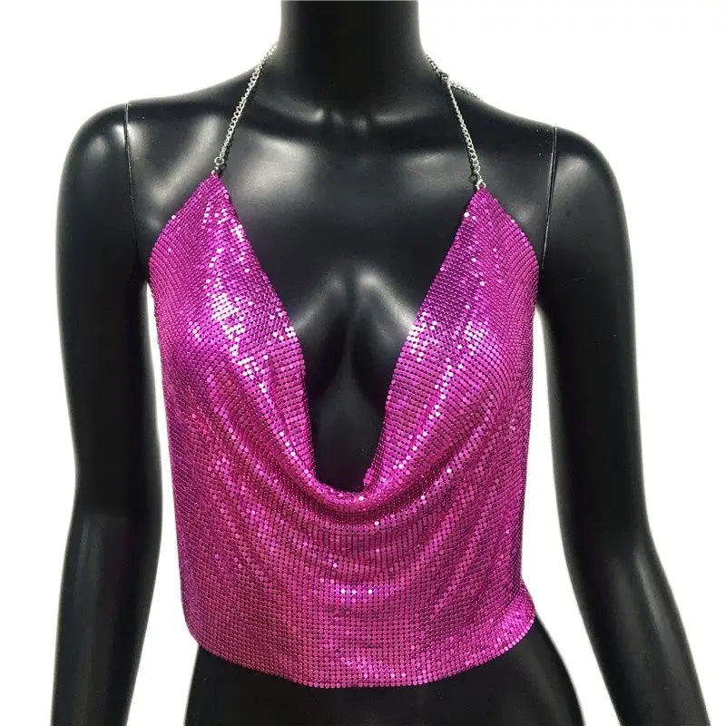 Women 2025 Sexy Metal Sequined Tank Camis Summer Gold Silver Backless Cropped Glitter Beach Club Show Wear Tank Tops
