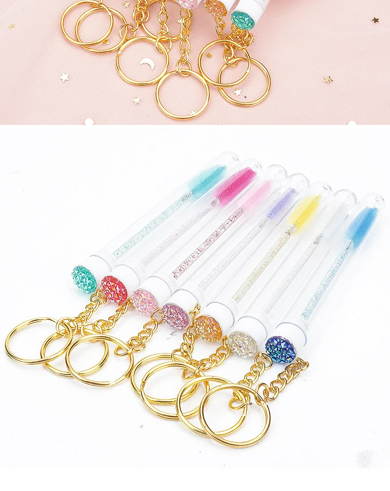 10 Pcs Tube Eyelash Brush With Gold Keychain Glitter Mascara Wand For Women Lash Extension Micro Comb Container Makeup Tools