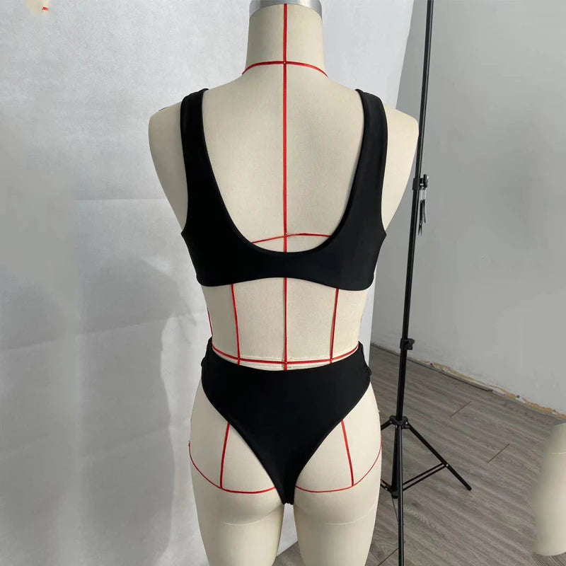 BEACHCICI Women Bikini Two Piece Summer Sexy Simple Solid V neck Suspender Lace Up High Waist Slim Vacation Beach Swimsuit