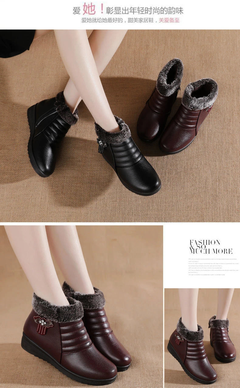 2025 Winter Women Shoes Woman Leather Waterproof Flat Ankle Boots Elderly Plus Size Plush Warm Snow Boots Mother Cotton Shoes
