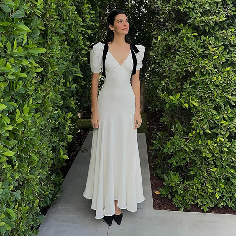 WhereMery Elegant Temperament Bow Summer Casual Maxi Dresses V-Neck Y2K Women's Long Dress Evening Party Office Holiday Vestidos