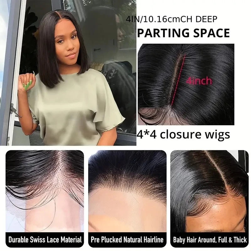 Bob Wigs Black Short Straight 180% Density  Bob Wig 4x4 Lace Wig 100% Remy Human Hair For Women Human Hair