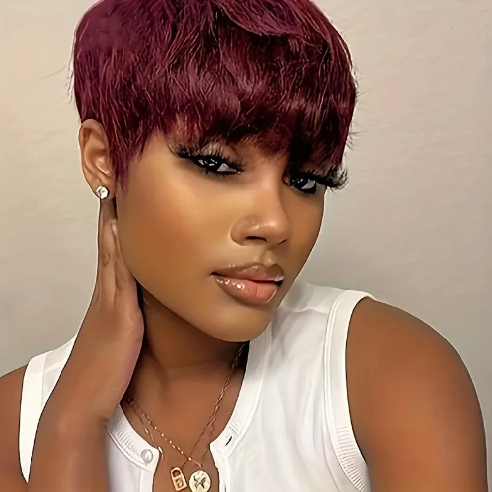 Hair Human Hair Wig For Black Women Pixie Cut Wig Short Bob Straight Human Hair  machine made Wigs With Bangs