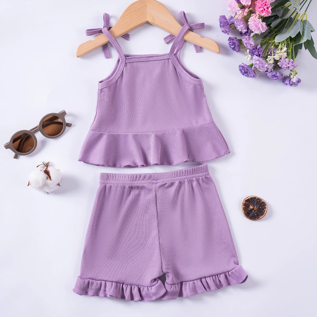 2024 Baby Girls Summer Set Toddler Thin Ruffle Edge Sling+Comfortable Ruffle Edge Shorts 2-piece Set for Outgoing or Party Wear
