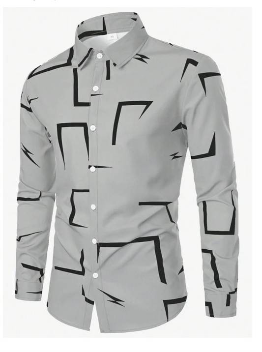 Men's casual versatile fashion street men's shirt lapel single-breasted long-sleeved men's simple geometric long-sleeved shirt