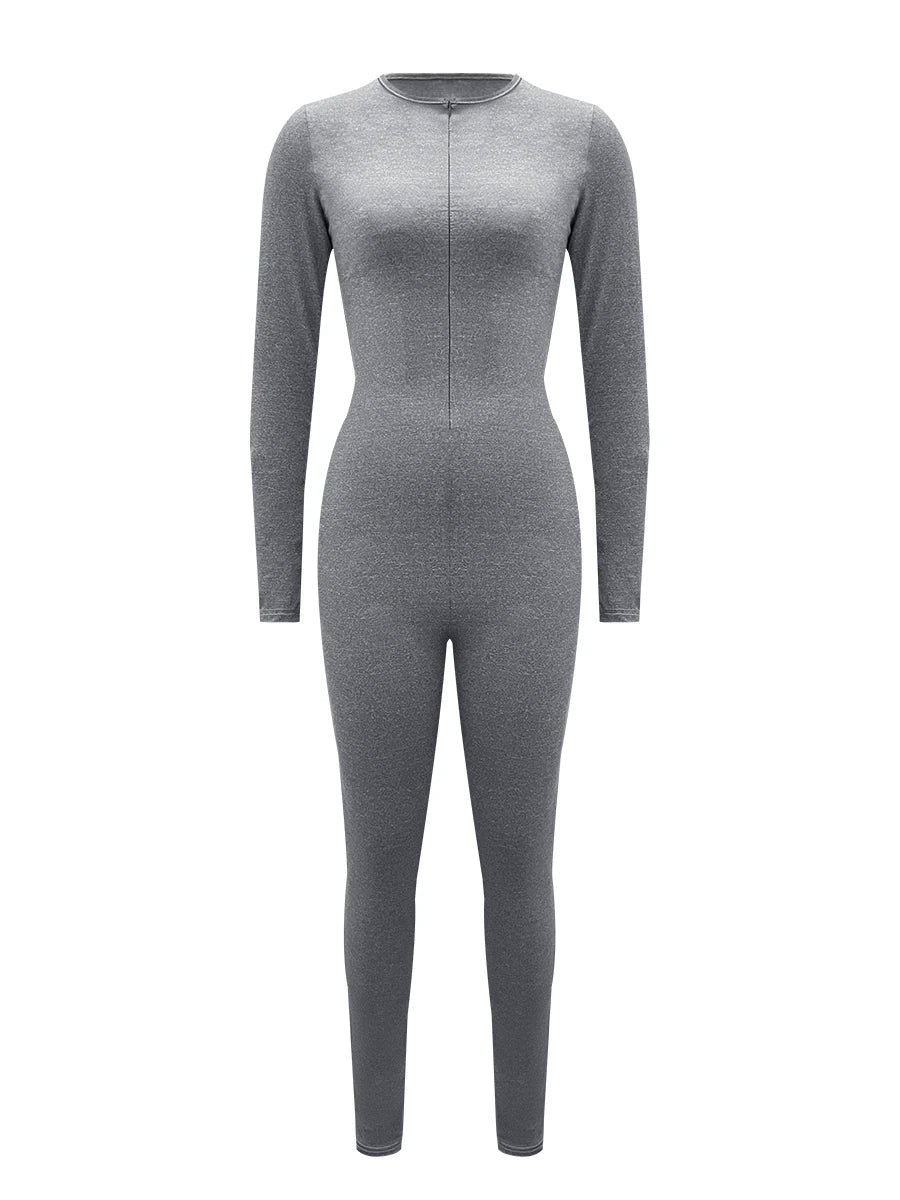 LW Spring Summer Women Casual Fashion V-Neck Long Sleeve Zipper Design Skinny One-Pieces Sportswear Outfits Jumpsuit