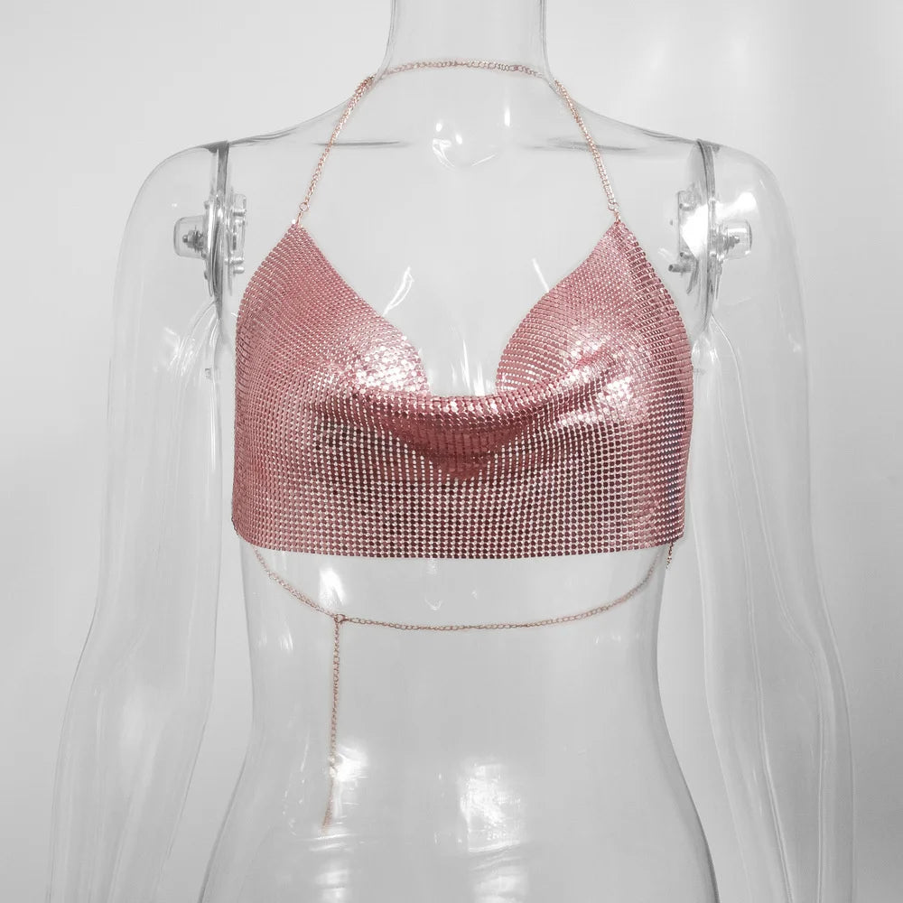 Glitter Metal Sequins Crop Tops For Women Sexy V Neck Backless Halter Tank Top Rave Party Nightclub Camisole Croppe