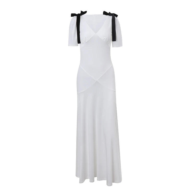 WhereMery Elegant Temperament Bow Summer Casual Maxi Dresses V-Neck Y2K Women's Long Dress Evening Party Office Holiday Vestidos